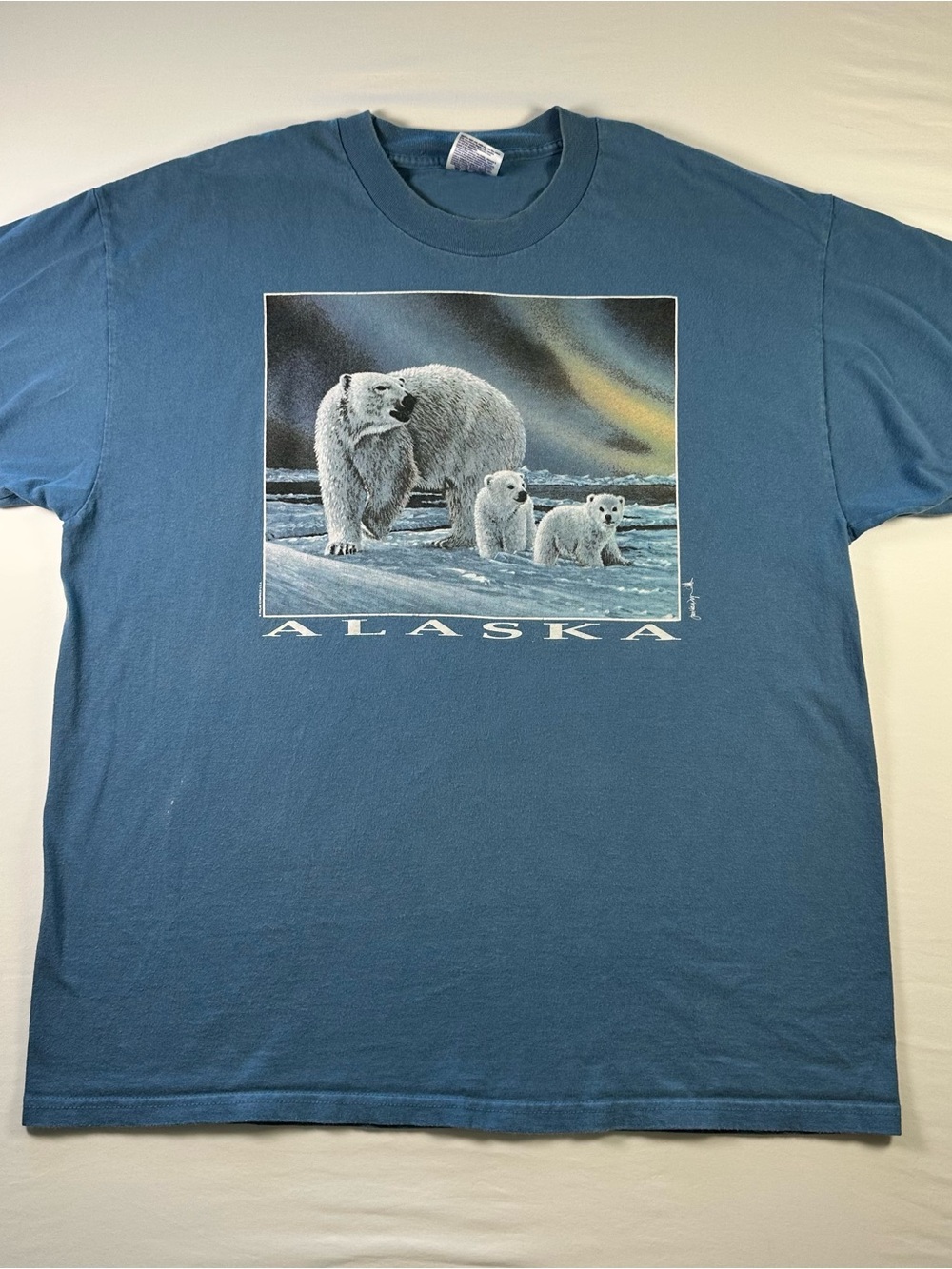 Y2K Alaska Polar Bear Graphic T Shirt Mens XL Blue Port & Company Tee